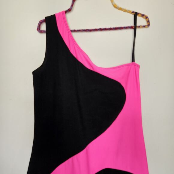 Vtg Y2K 90s Deb Mini Dress Size L One Shoulder Pink Black Bodycon Party HOCO - Picture 2 of 9